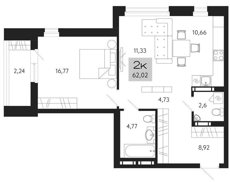 Планировка 2е-к.кв 59.65 м² в ЖК «Поэзия. Томск»