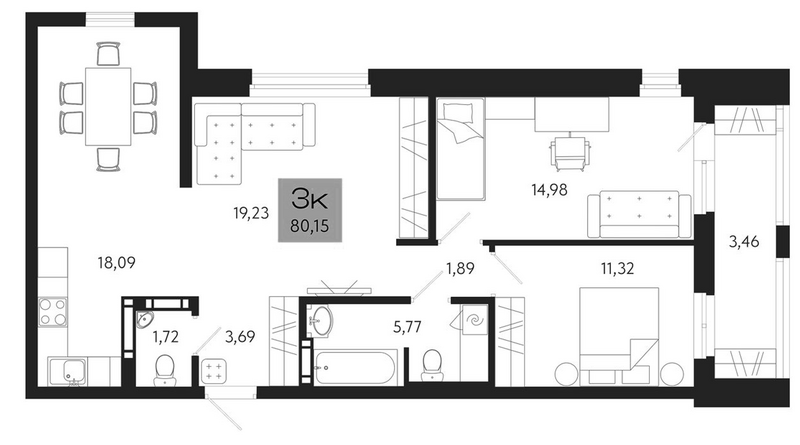 Планировка 3-к.кв 76.69 м² в ЖК «Поэзия. Томск»