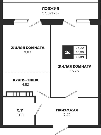 Планировка 2е-к.кв 40.96 м² в ЖК «ВИВАТ! Знаменский»