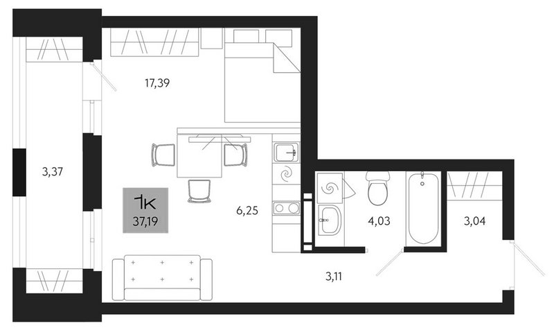 Планировка студии 33.82 м² в ЖК «Поэзия. Томск»