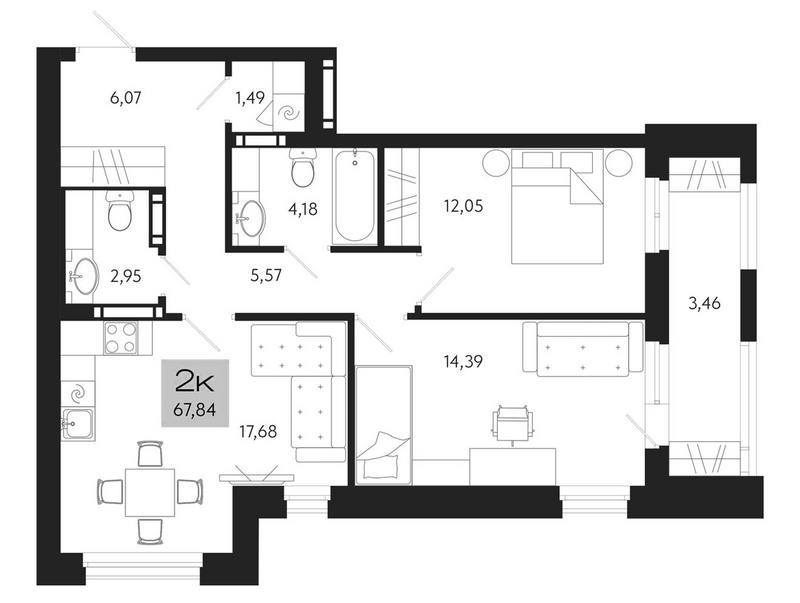 Планировка 3е-к.кв 64.38 м² в ЖК «Поэзия. Томск»
