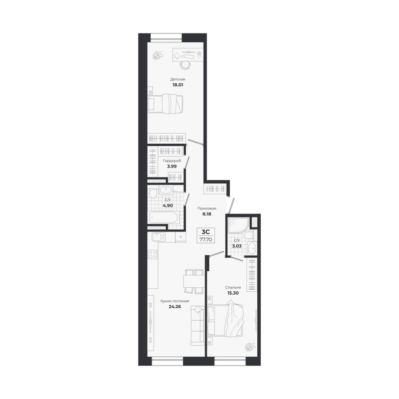 Планировка 3е-к.кв 77.70 м² в ЖК «Ясный Берег»