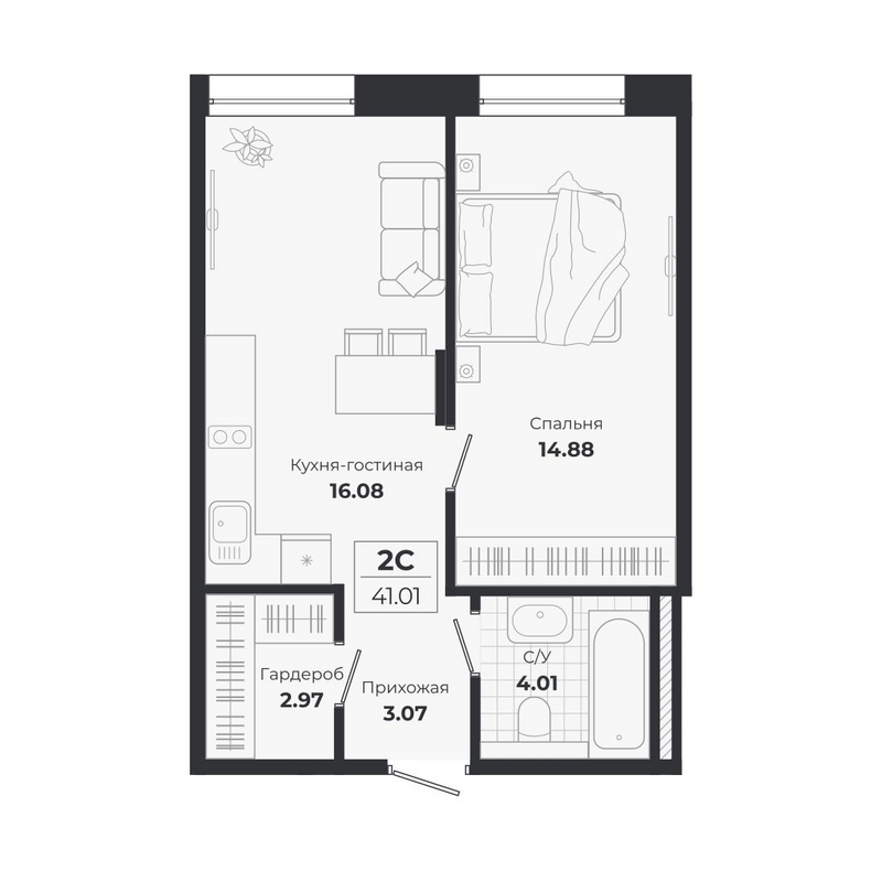 Планировка 2е-к.кв 41.01 м² в ЖК «Ясный Берег»