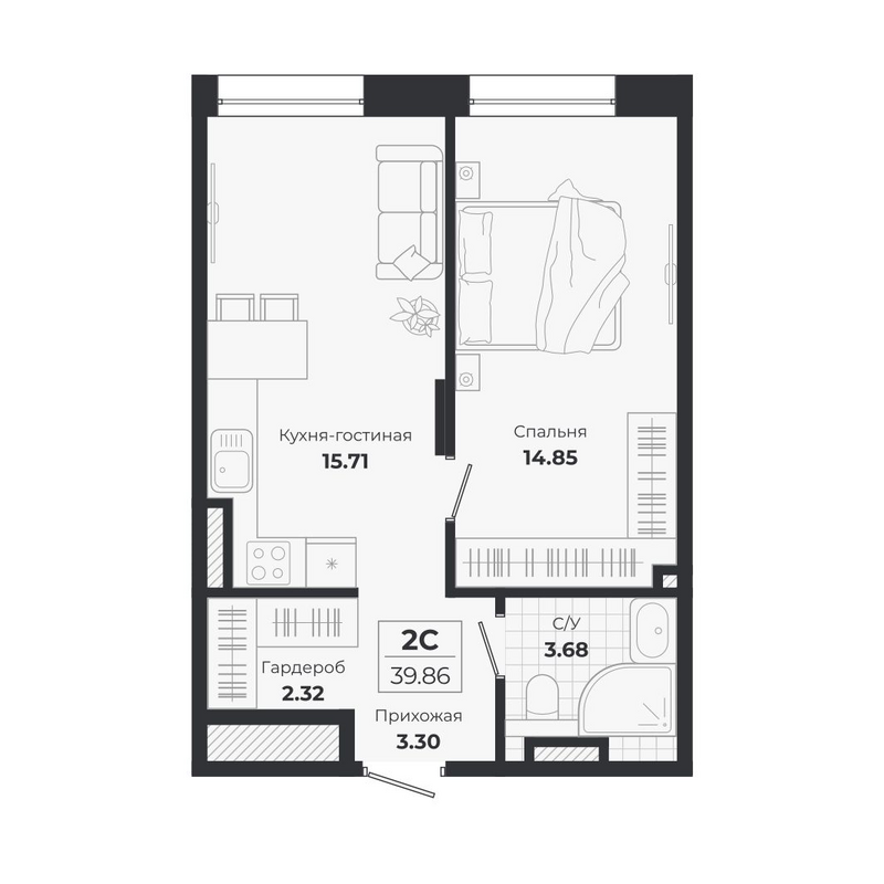 Планировка 2е-к. квартира 39.86 м² в ЖК «Ясный Берег»