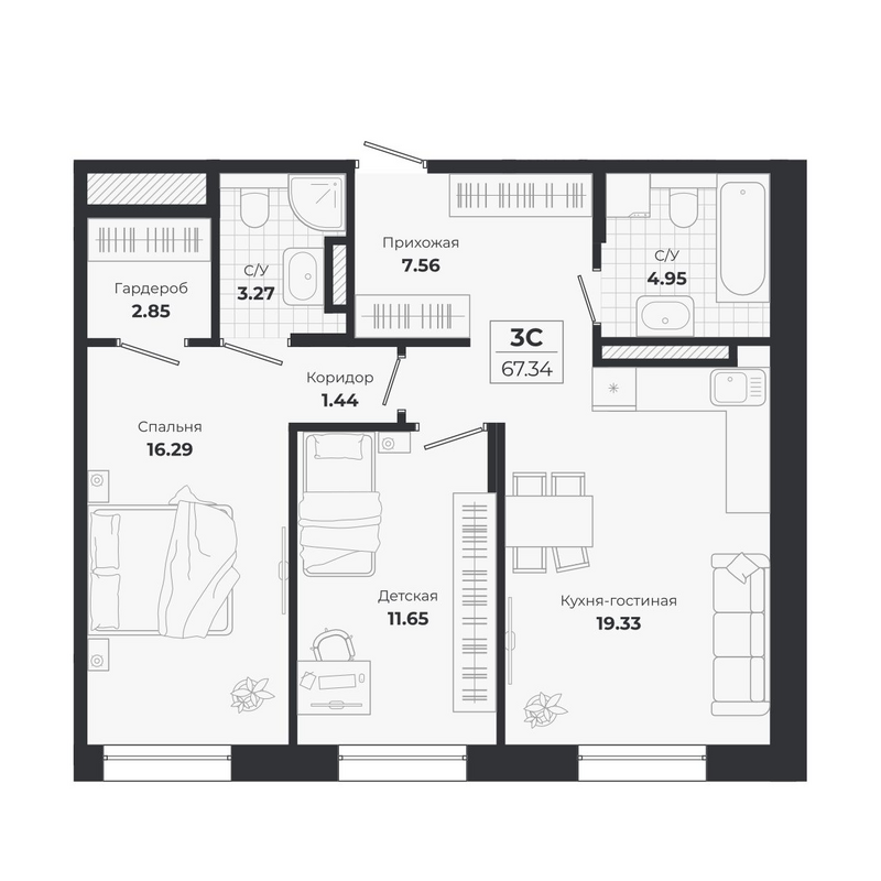 Планировка 3е-к.кв 67.34 м² в ЖК «Ясный Берег»