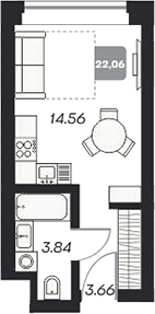 Планировка студии 22.18 м² в ЖК «Аэрон»