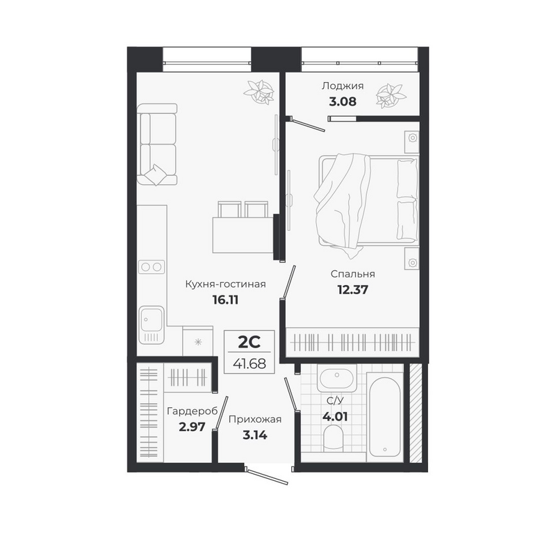 Планировка 2е-к. квартира 38.60 м² в ЖК «Ясный Берег»