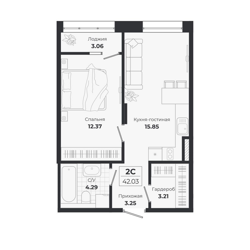 Планировка 2е-к.кв 38.97 м² в ЖК «Ясный Берег»