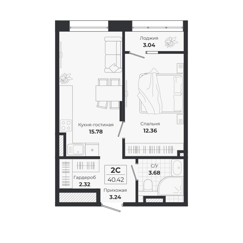 Планировка 2е-к. квартира 37.38 м² в ЖК «Ясный Берег»