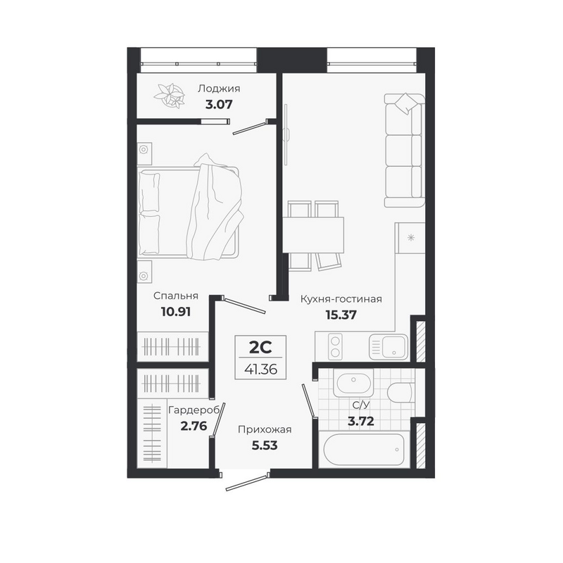 Планировка 2е-к. квартира 38.29 м² в ЖК «Ясный Берег»