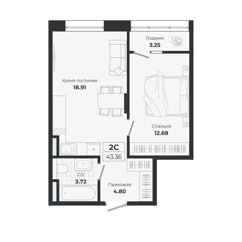 Планировка 2е-к.кв 40.11 м² в ЖК «Ясный Берег»