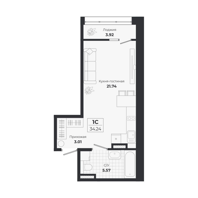 Планировка студии 30.32 м² в ЖК «Ясный Берег»