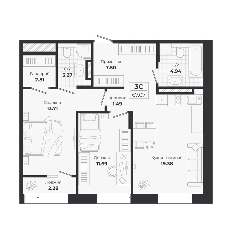 Планировка 3е-к.кв 64.79 м² в ЖК «Ясный Берег»