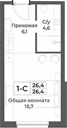 Планировка студии 26.40 м² в ЖК «RIZALTA РЕЗОРТ БЕЛОКУРИХА»