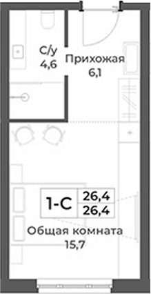 Планировка студии 26.40 м² в ЖК «RIZALTA РЕЗОРТ БЕЛОКУРИХА»