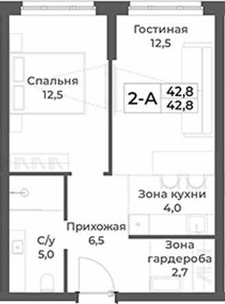 Планировка 2е-к.кв 42.80 м² в ЖК «RIZALTA РЕЗОРТ БЕЛОКУРИХА»
