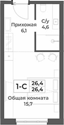 Планировка студии 26.40 м² в ЖК «RIZALTA РЕЗОРТ БЕЛОКУРИХА»