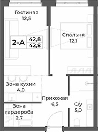 Планировка 2е-к.кв 42.80 м² в ЖК «RIZALTA РЕЗОРТ БЕЛОКУРИХА»