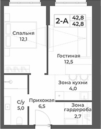 Планировка 2е-к.кв 42.80 м² в ЖК «RIZALTA РЕЗОРТ БЕЛОКУРИХА»