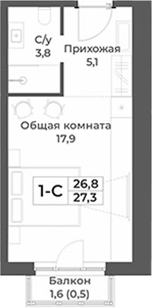 Планировка студии 26.80 м² в ЖК «RIZALTA РЕЗОРТ БЕЛОКУРИХА»
