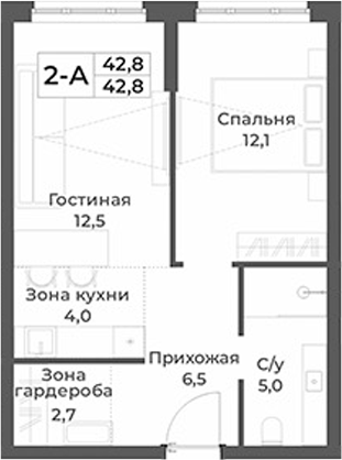 Планировка 2е-к.кв 42.80 м² в ЖК «RIZALTA РЕЗОРТ БЕЛОКУРИХА»