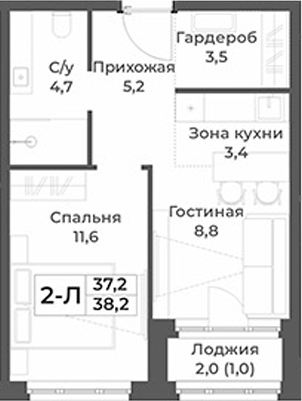 Планировка 2е-к.кв 37.20 м² в ЖК «RIZALTA РЕЗОРТ БЕЛОКУРИХА»