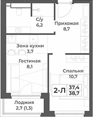 Планировка 2е-к.кв 37.40 м² в ЖК «RIZALTA РЕЗОРТ БЕЛОКУРИХА»