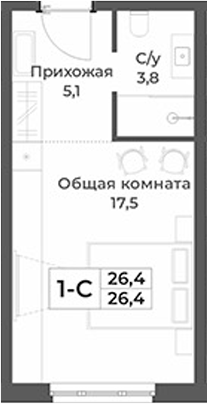 Планировка студии 26.40 м² в ЖК «RIZALTA РЕЗОРТ БЕЛОКУРИХА»