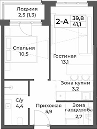 Планировка 2е-к.кв 39.80 м² в ЖК «RIZALTA РЕЗОРТ БЕЛОКУРИХА»