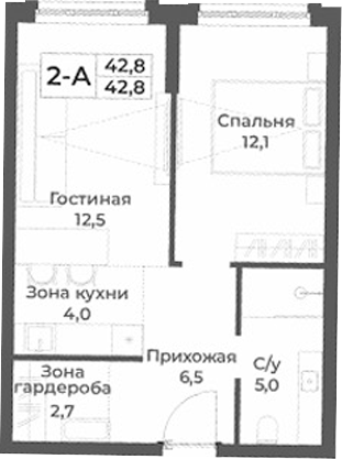Планировка 2е-к.кв 42.80 м² в ЖК «RIZALTA РЕЗОРТ БЕЛОКУРИХА»