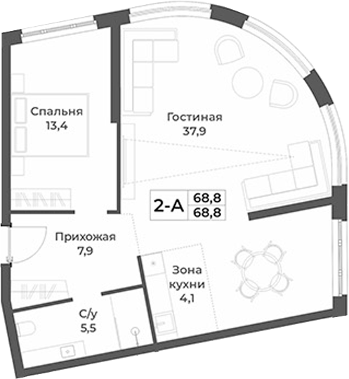 Планировка 2е-к.кв 68.80 м² в ЖК «RIZALTA РЕЗОРТ БЕЛОКУРИХА»