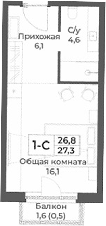 Планировка студии 26.80 м² в ЖК «RIZALTA РЕЗОРТ БЕЛОКУРИХА»