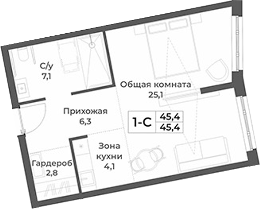 Планировка студии 45.40 м² в ЖК «RIZALTA РЕЗОРТ БЕЛОКУРИХА»