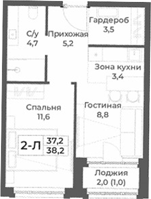 Планировка 2е-к.кв 37.20 м² в ЖК «RIZALTA РЕЗОРТ БЕЛОКУРИХА»