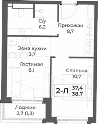 Планировка 2е-к.кв 37.40 м² в ЖК «RIZALTA РЕЗОРТ БЕЛОКУРИХА»