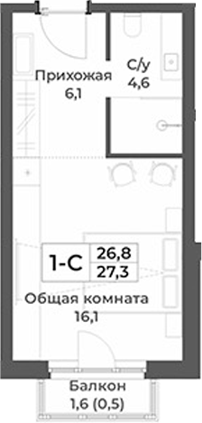 Планировка студии 26.80 м² в ЖК «RIZALTA РЕЗОРТ БЕЛОКУРИХА»