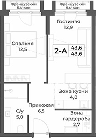 Планировка 2е-к.кв 43.60 м² в ЖК «RIZALTA РЕЗОРТ БЕЛОКУРИХА»