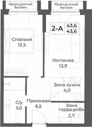 Планировка 2е-к.кв 43.60 м² в ЖК «RIZALTA РЕЗОРТ БЕЛОКУРИХА»