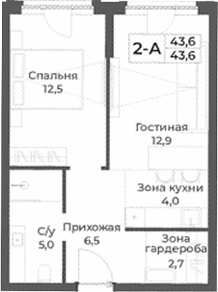 Планировка 2е-к.кв 43.60 м² в ЖК «RIZALTA РЕЗОРТ БЕЛОКУРИХА»