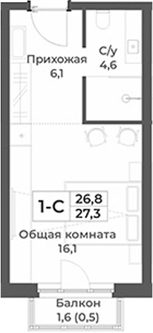 Планировка студии 26.80 м² в ЖК «RIZALTA РЕЗОРТ БЕЛОКУРИХА»