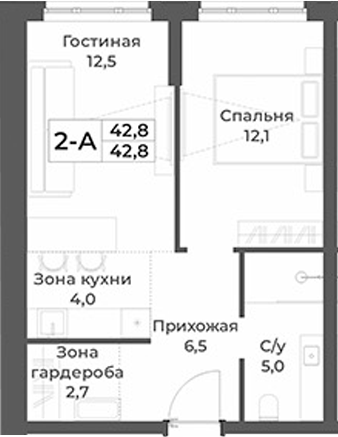 Планировка 2е-к.кв 42.80 м² в ЖК «RIZALTA РЕЗОРТ БЕЛОКУРИХА»