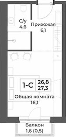 Планировка студии 26.80 м² в ЖК «RIZALTA РЕЗОРТ БЕЛОКУРИХА»