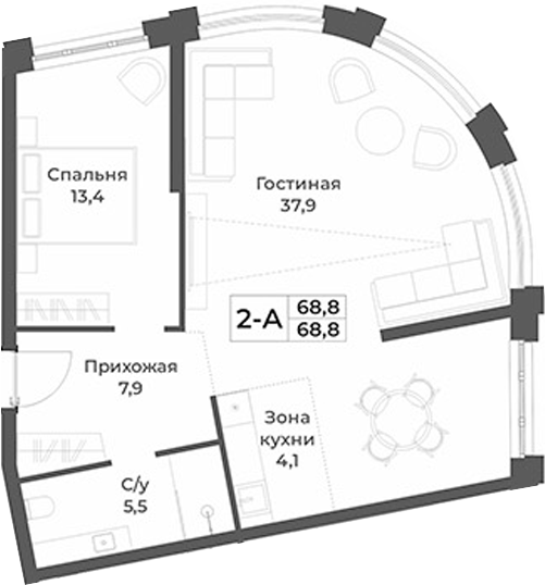 Планировка 2е-к.кв 68.80 м² в ЖК «RIZALTA РЕЗОРТ БЕЛОКУРИХА»