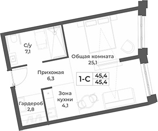 Планировка студии 45.40 м² в ЖК «RIZALTA РЕЗОРТ БЕЛОКУРИХА»
