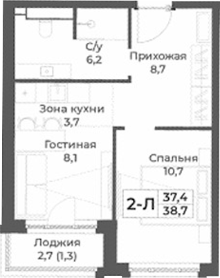 Планировка 2е-к.кв 37.40 м² в ЖК «RIZALTA РЕЗОРТ БЕЛОКУРИХА»