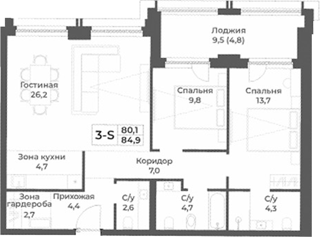 Планировка 3е-к.кв 80.10 м² в ЖК «RIZALTA РЕЗОРТ БЕЛОКУРИХА»