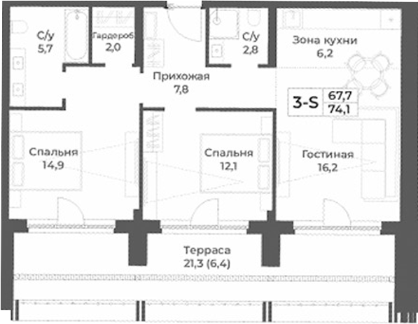 Планировка 3е-к.кв 67.70 м² в ЖК «RIZALTA РЕЗОРТ БЕЛОКУРИХА»