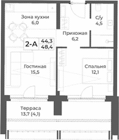 Планировка 2е-к.кв 44.30 м² в ЖК «RIZALTA РЕЗОРТ БЕЛОКУРИХА»