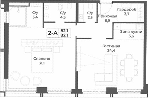Планировка 2е-к.кв 82.10 м² в ЖК «RIZALTA РЕЗОРТ БЕЛОКУРИХА»