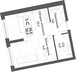 Планировка студии 35.50 м² в ЖК «RIZALTA РЕЗОРТ БЕЛОКУРИХА»